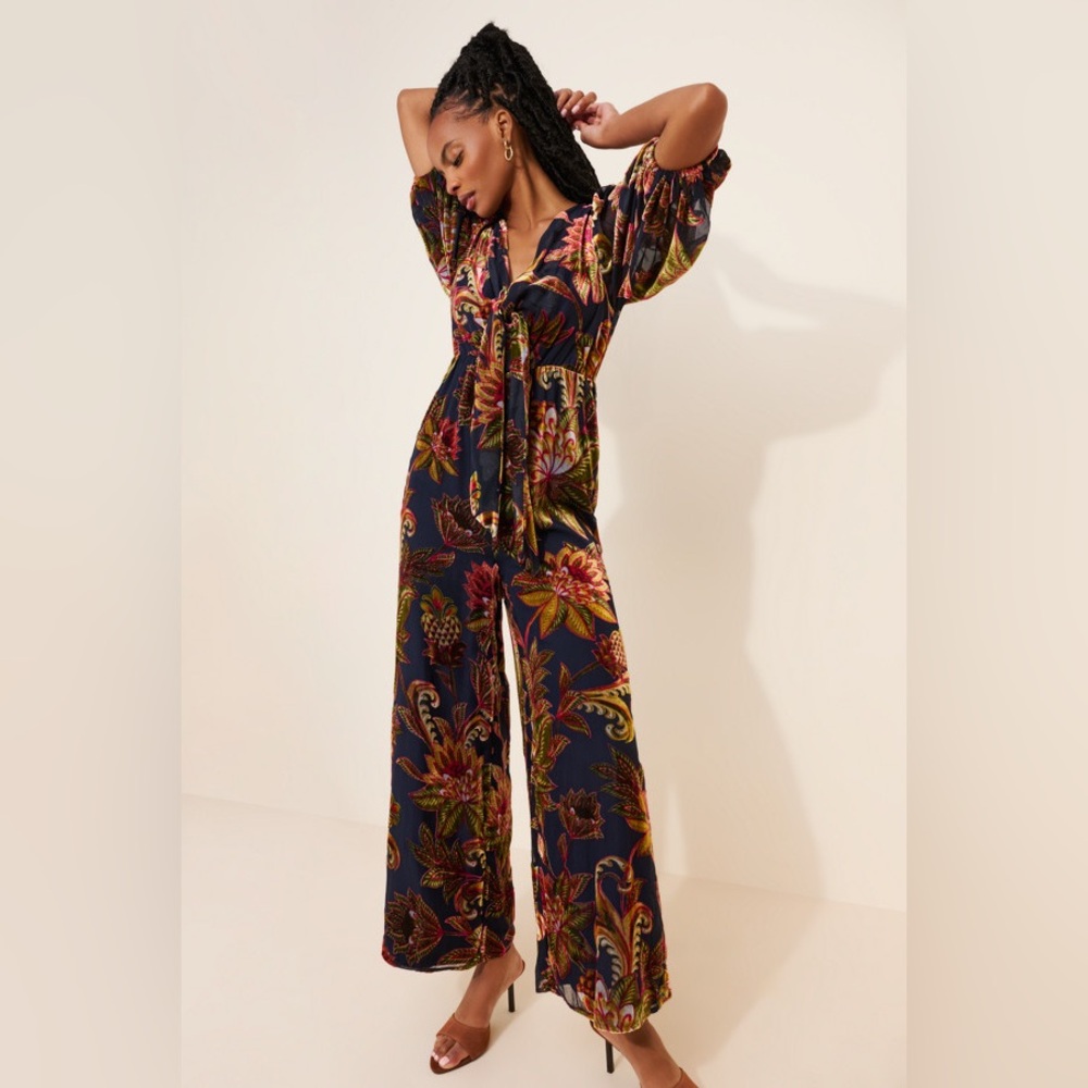 NWOT Farm Rio x Anthropologie Puff-Sleeve Velvet Jumpsuit L